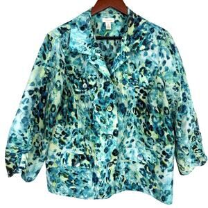 Chicos Sz LARGE 2 Green Leopard Animal Print Lightweight Jacket Shirt Top Mature